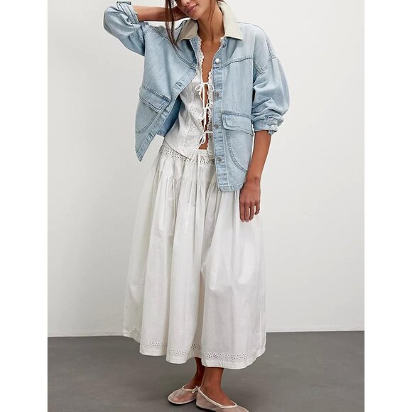 Women's Oversized Denim Jacket with Contrast Long Sleeve Button Down Light Blue - Picture 6 of 6